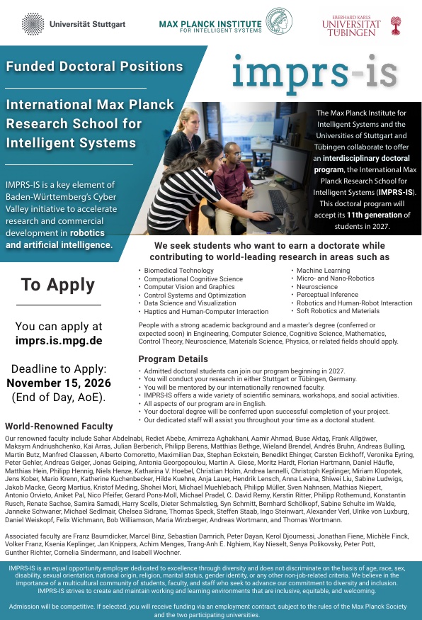 IMPRS-IS 2027 recruitment flyer: funded doctoral positions at the Max Planck Institute for Intelligent Systems, apply by November 15, 2026